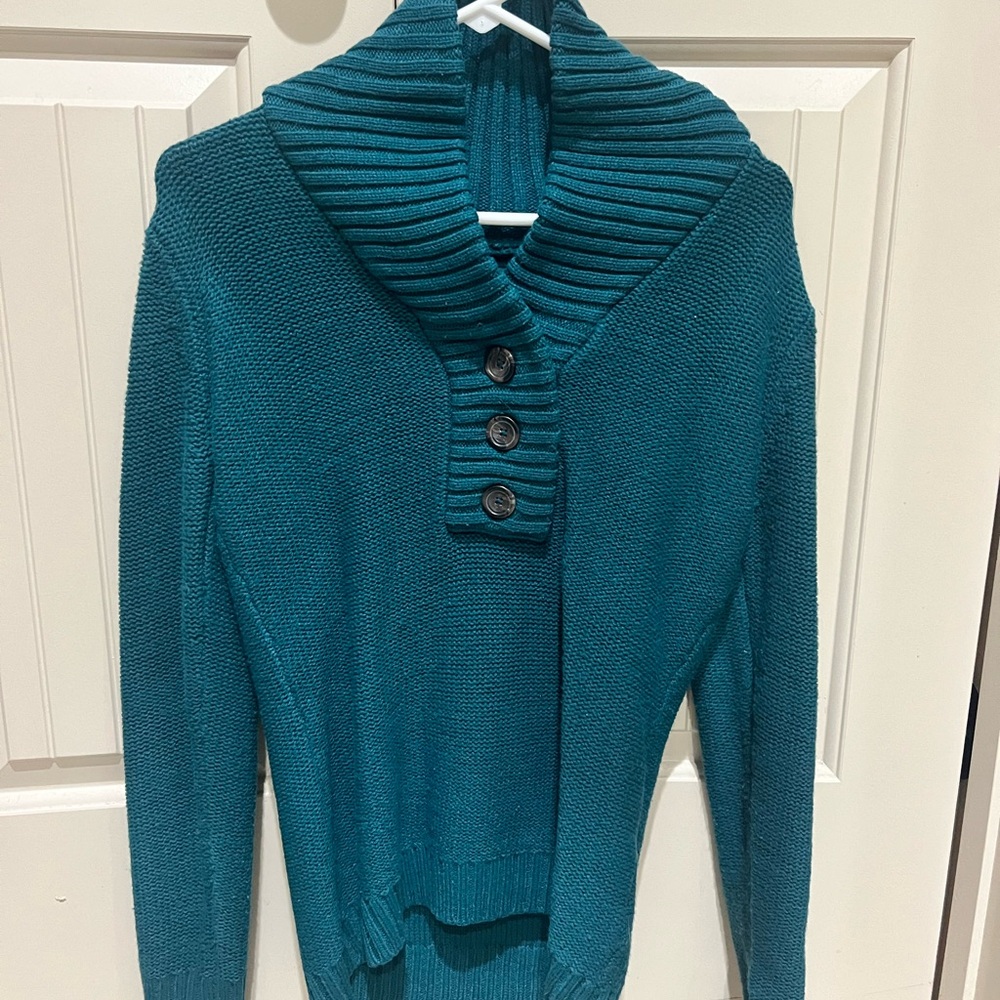 Teal Button-Up Cowl Neck Sweater